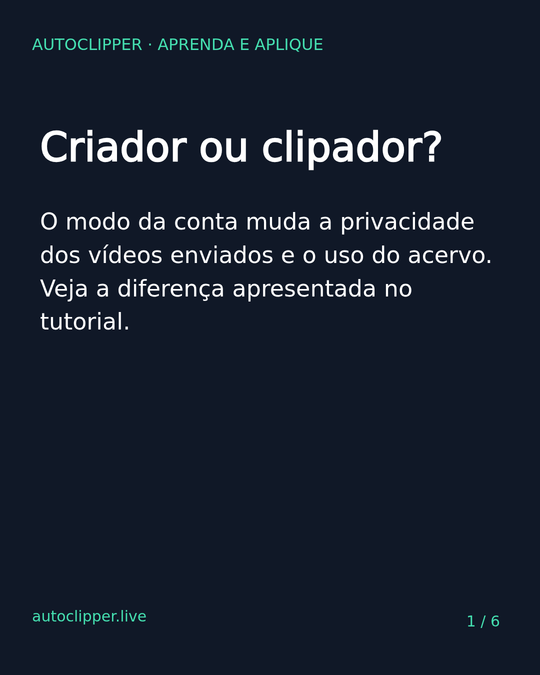 Capa do carrossel: Modo criador ou clipador? A diferença também está na privacidade dos vídeos e no acesso aos cortes do acervo.
