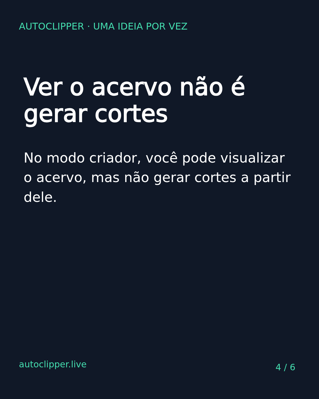 Slide 4 do carrossel Modo criador ou clipador? A diferença também está na privacidade dos vídeos e no acesso aos cortes do acervo.